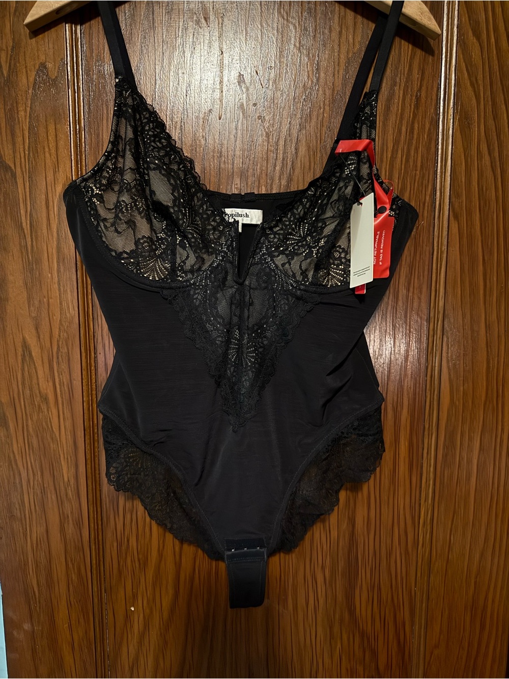 Popilush Sheer Lace V-Plunge Sculpting thong bodysuit